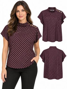 Ann Taylor Polka Dot Mock Neck Top Burgundy Women’s XL